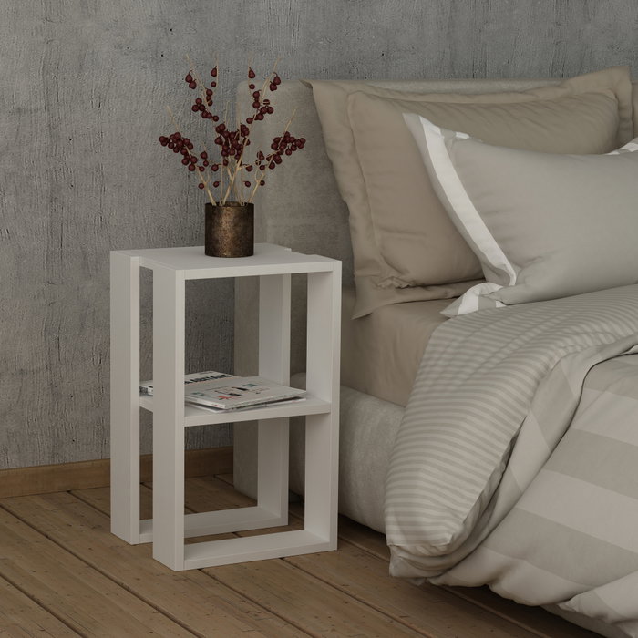 Hanah Home Mesita de Noche Lonie - White, 2 Niveles, 30x55x30 cm, Blanco